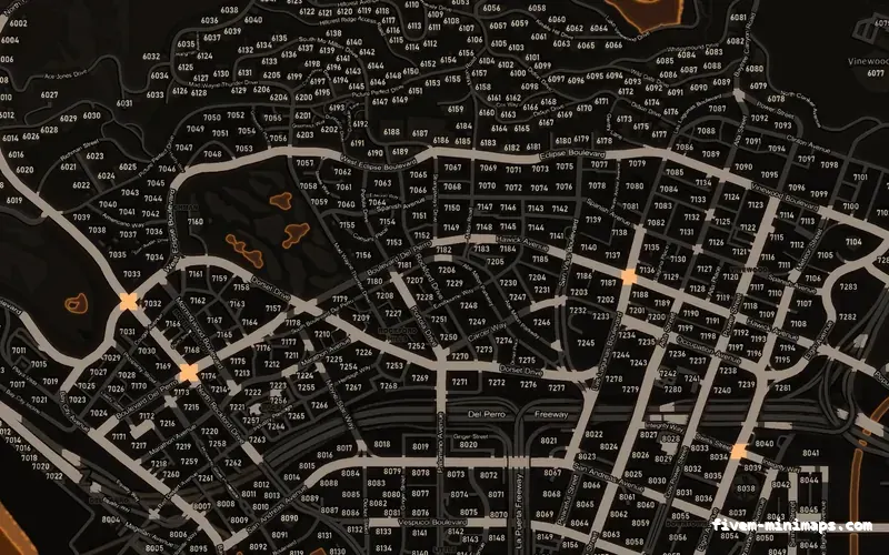 Orange EMBER FiveM minimap for GTA V — with postal codes — showing Los Santos street detail