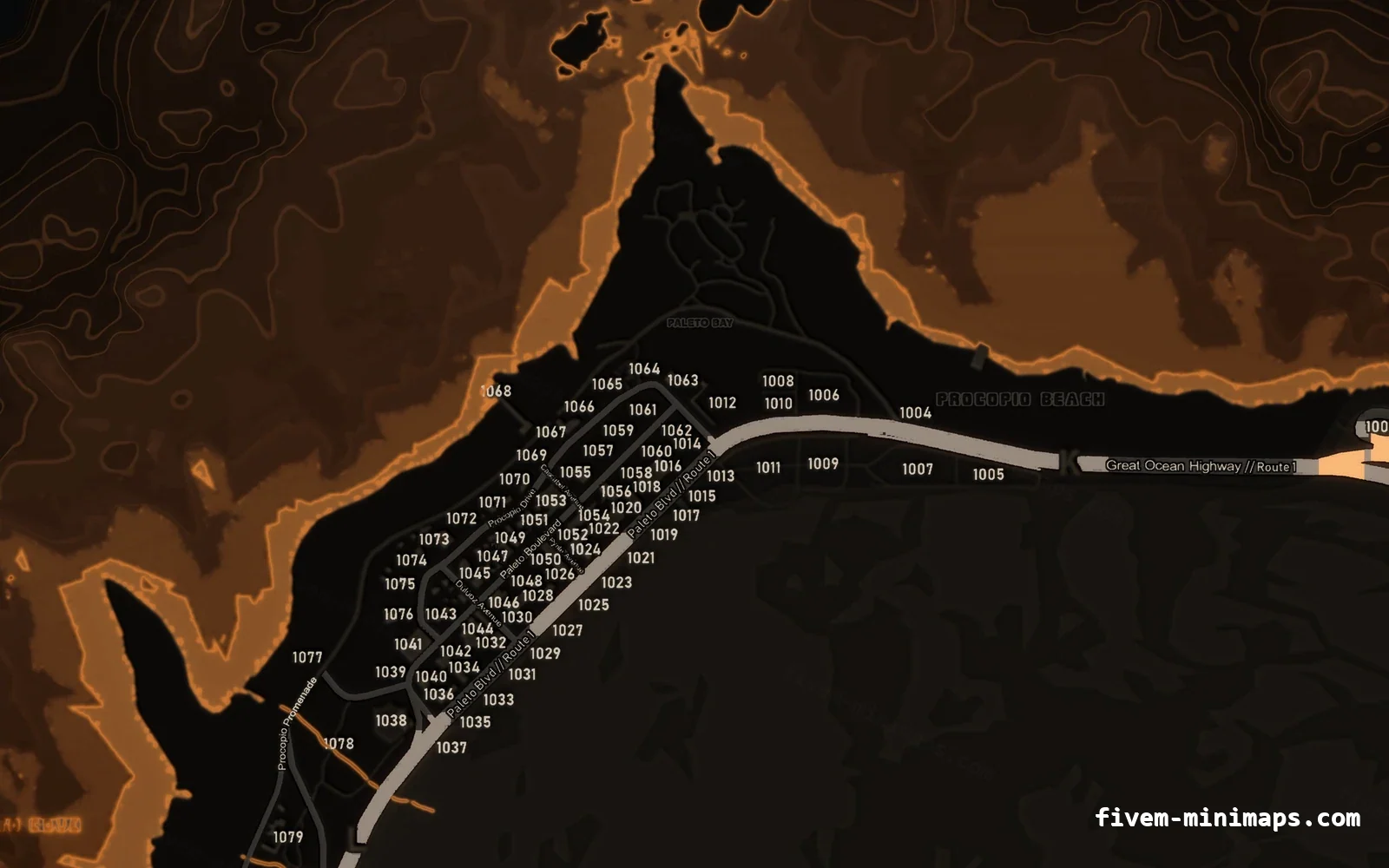 Orange minimap — Paleto Bay Orange EMBER FiveM minimap for GTA V — with postal codes — showing Paleto Bay and Mount Chiliad