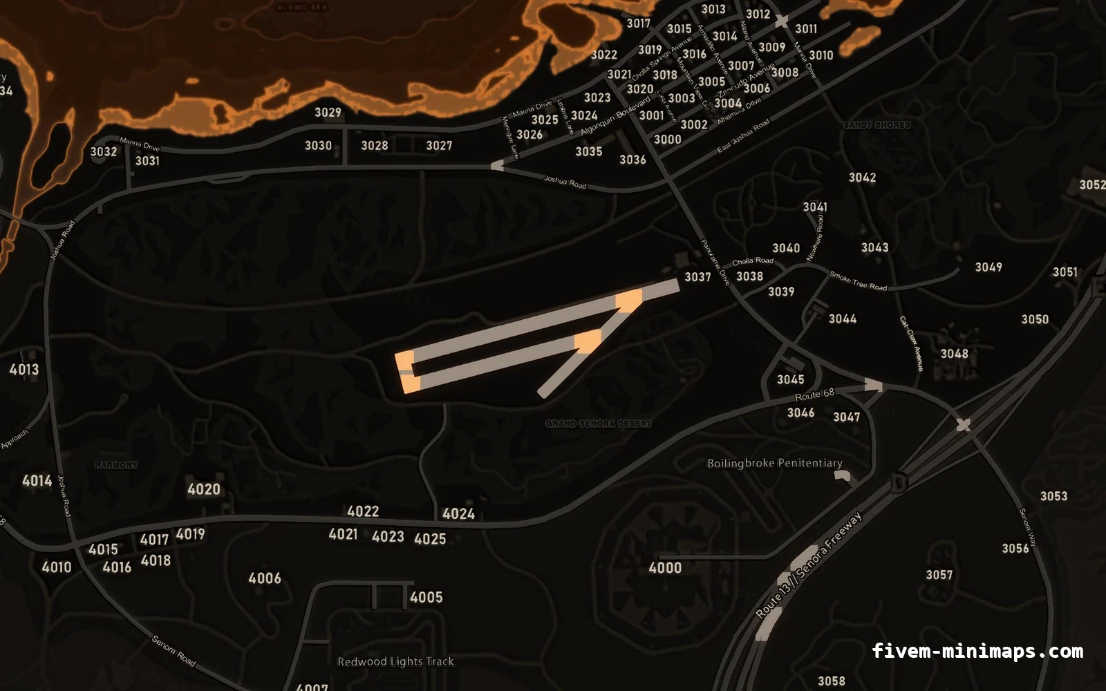 Orange minimap — Sandy Shores Orange EMBER FiveM minimap for GTA V — with postal codes — showing Sandy Shores and the desert
