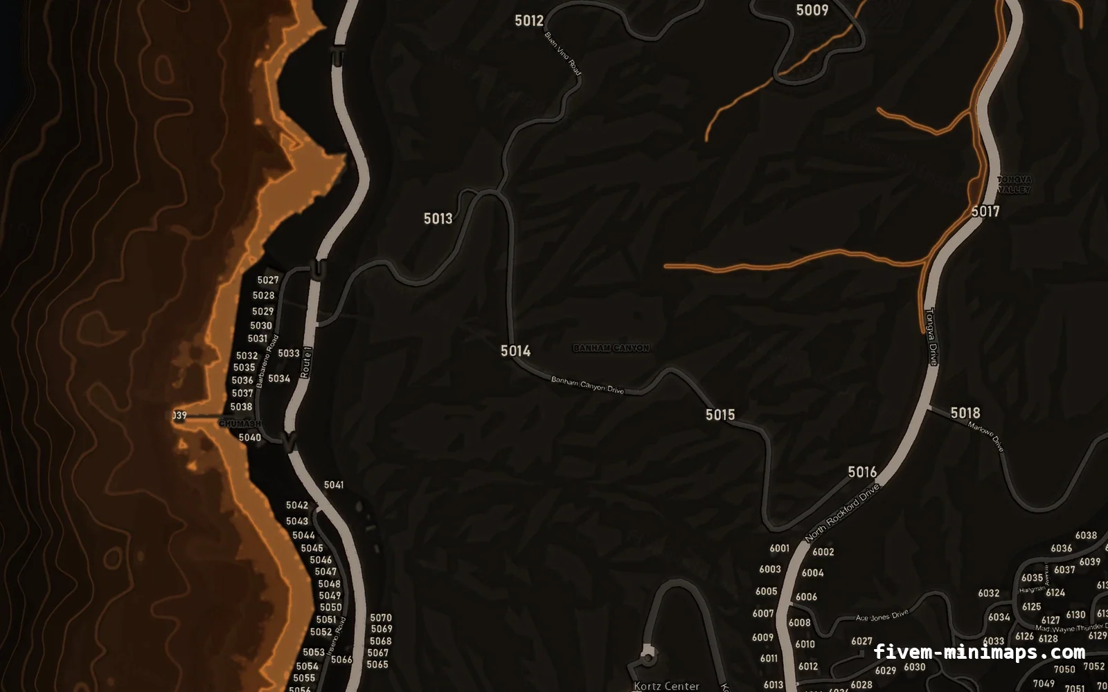 Orange minimap — West coast Orange EMBER FiveM minimap for GTA V — with postal codes — showing the west coast and depth contours