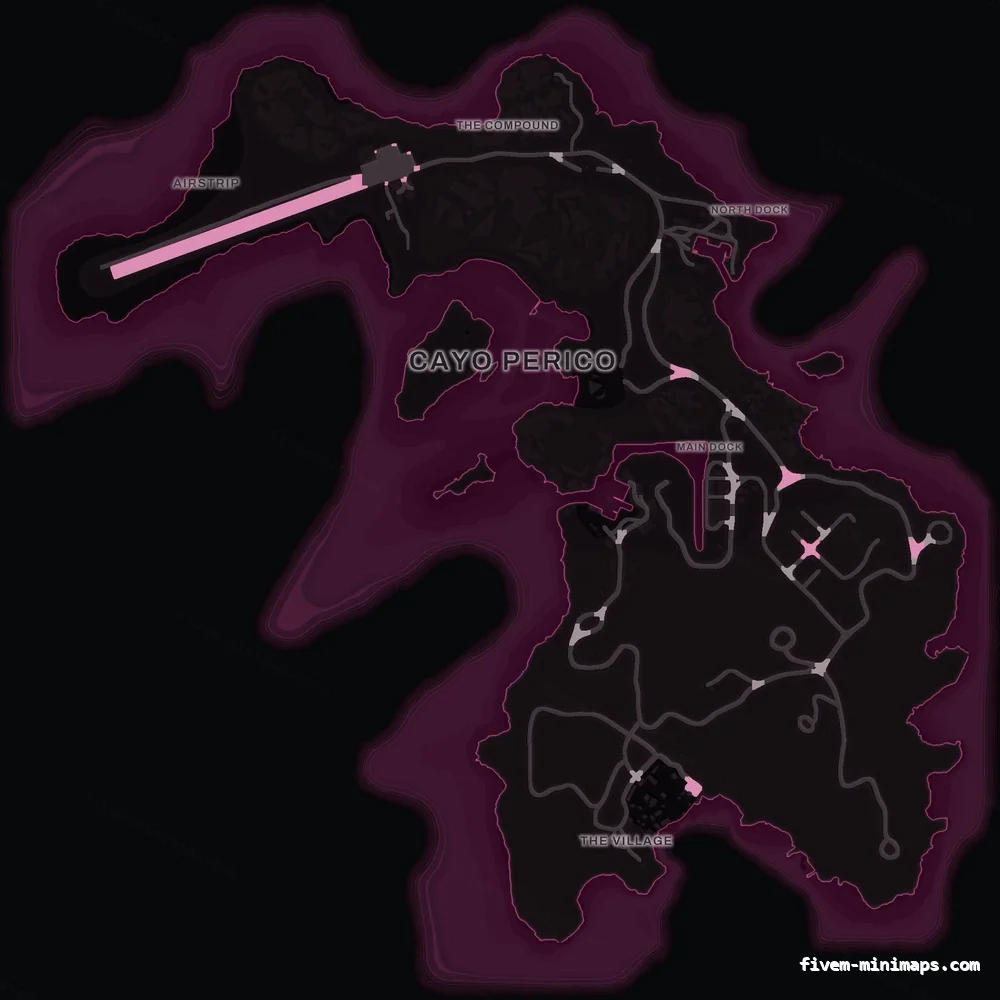 Pink MAGENTA Cayo Perico FiveM-compatible minimap for GTA 5 — optional island add-on in the same palette, google style