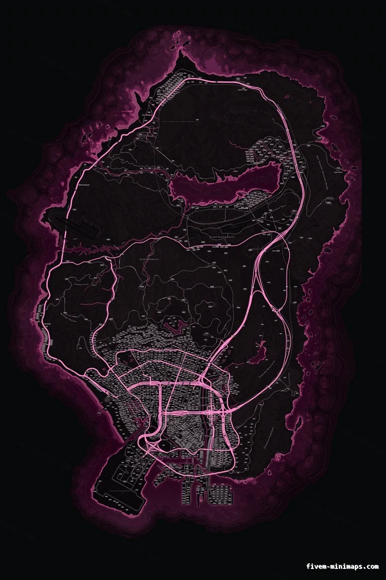Pink MAGENTA FiveM minimap for GTA V — google style — showing the whole San Andreas map