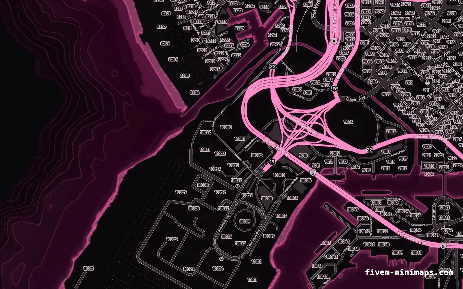 Pink MAGENTA FiveM minimap for GTA V — google style — showing the harbour and industrial docks