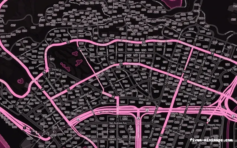 Pink MAGENTA FiveM minimap for GTA V — google style — showing Los Santos street detail