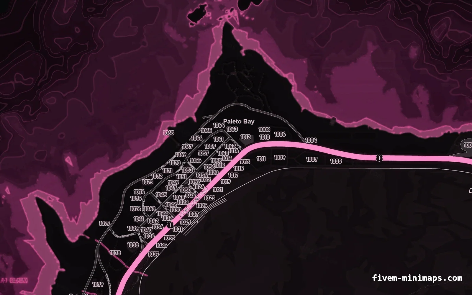 Pink MAGENTA FiveM minimap for GTA V — google style — showing Paleto Bay and Mount Chiliad