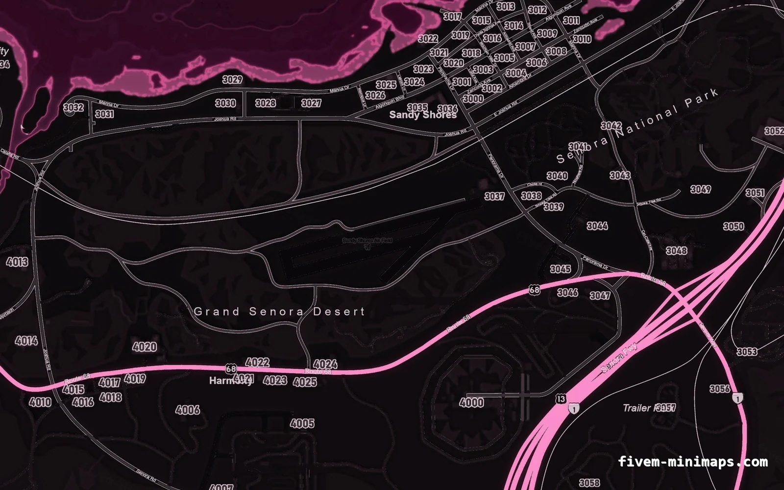 Pink MAGENTA FiveM minimap for GTA V — google style — showing Sandy Shores and the desert