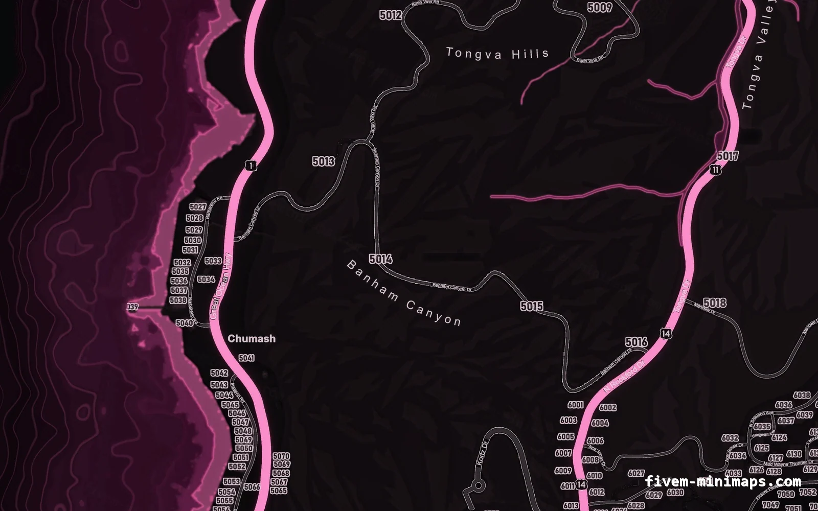 Pink MAGENTA FiveM minimap for GTA V — google style — showing the west coast and depth contours