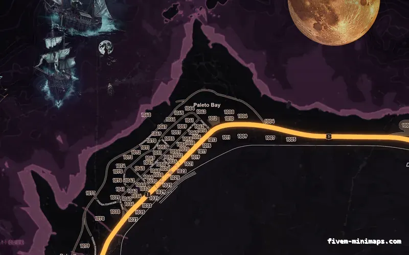 Halloween Pink HAUNTED MAGENTA FiveM-compatible minimap for GTA 5 — google style — showing Paleto Bay and Mount Chiliad