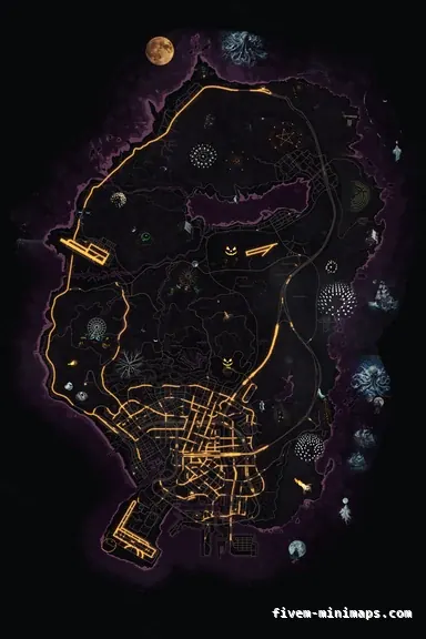 Halloween Pink HAUNTED MAGENTA FiveM-compatible minimap for GTA 5 — without postal codes — showing the whole Los Santos and Blaine County map