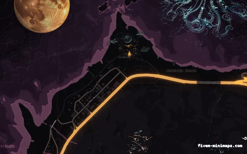 Halloween Pink HAUNTED MAGENTA FiveM-compatible minimap for GTA 5 — without postal codes — showing Paleto Bay and Mount Chiliad