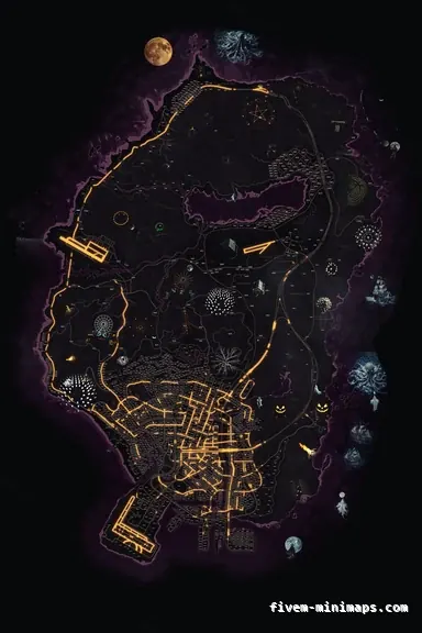 Halloween Pink HAUNTED MAGENTA FiveM-compatible minimap for GTA 5 — with postal codes — showing the whole Los Santos and Blaine County map