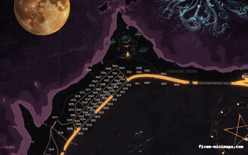 Halloween Pink HAUNTED MAGENTA FiveM-compatible minimap for GTA 5 — with postal codes — showing Paleto Bay and Mount Chiliad