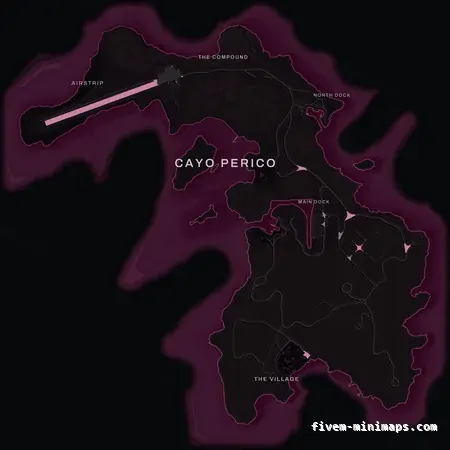 Pink MAGENTA Cayo Perico FiveM-compatible minimap for GTA 5 — optional island add-on in the same palette, without postal codes