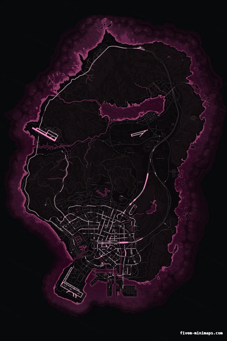 Pink MAGENTA FiveM minimap for GTA V — without postal codes — showing the whole San Andreas map