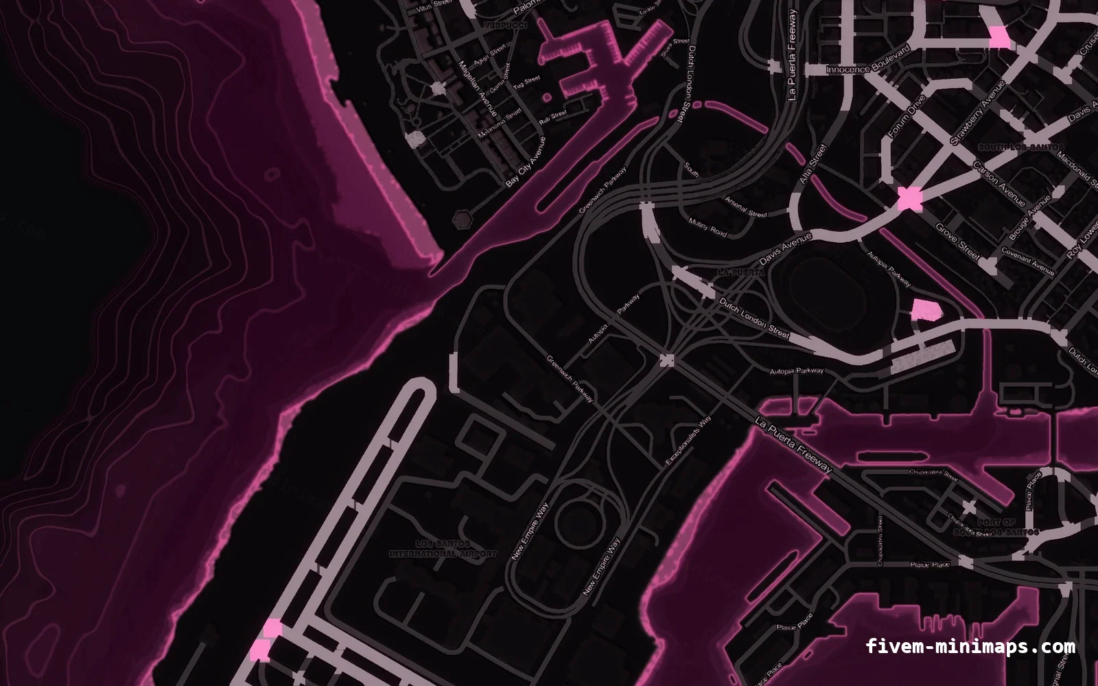 Pink MAGENTA FiveM minimap for GTA V — without postal codes — showing the harbour and industrial docks
