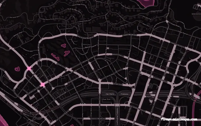 Pink MAGENTA FiveM minimap for GTA V — without postal codes — showing Los Santos street detail