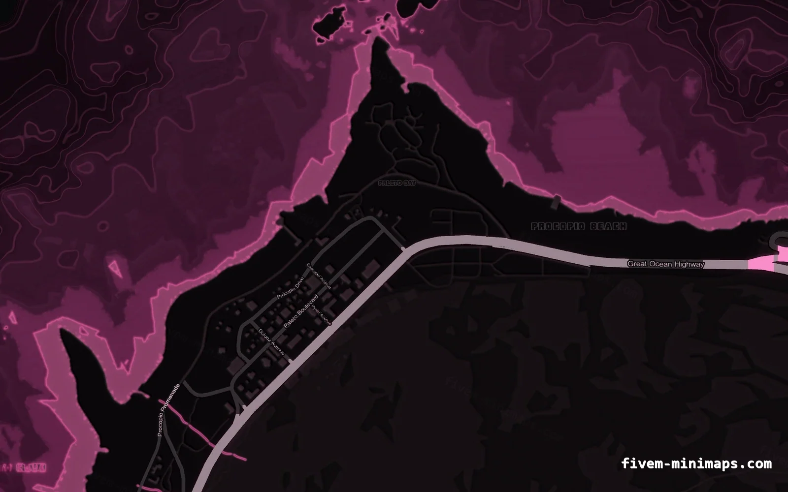 Pink MAGENTA FiveM minimap for GTA V — without postal codes — showing Paleto Bay and Mount Chiliad