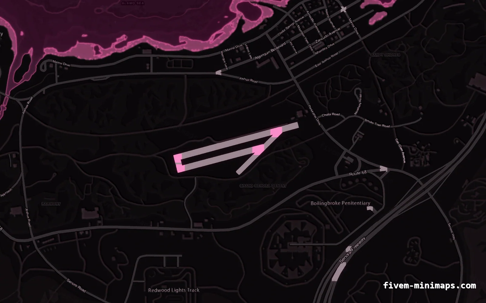 Pink MAGENTA FiveM minimap for GTA V — without postal codes — showing Sandy Shores and the desert