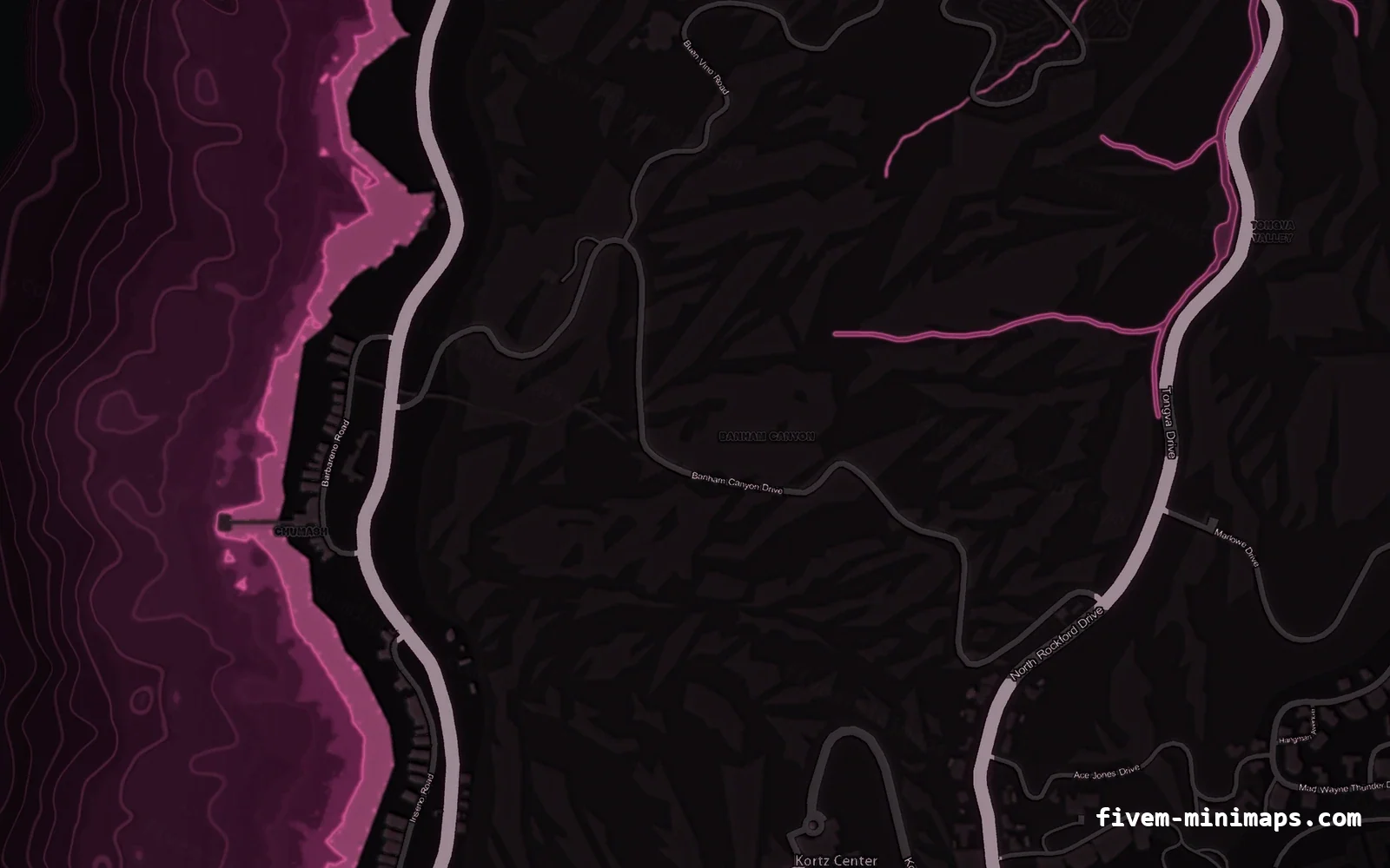 Pink MAGENTA FiveM minimap for GTA V — without postal codes — showing the west coast and depth contours