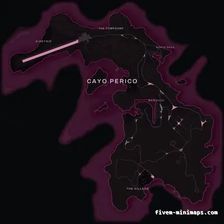 Pink MAGENTA Cayo Perico FiveM-compatible minimap for GTA 5 — optional island add-on in the same palette, with postal codes