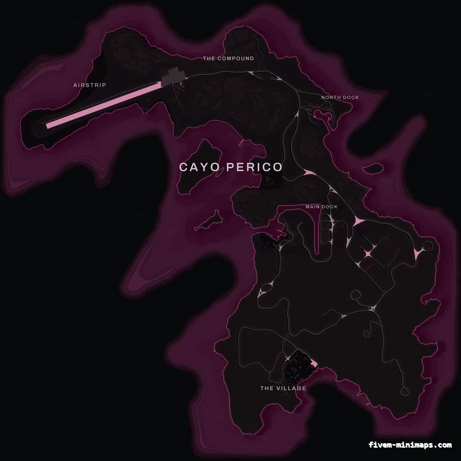 Pink MAGENTA Cayo Perico FiveM-compatible minimap for GTA 5 — optional island add-on in the same palette, with postal codes