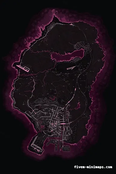 Pink MAGENTA FiveM minimap for GTA V — with postal codes — showing the whole San Andreas map