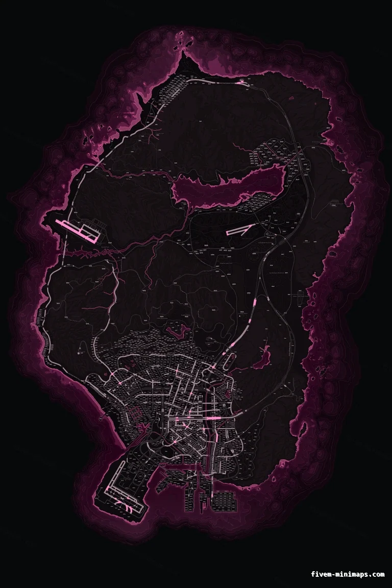 Pink MAGENTA FiveM minimap for GTA V — with postal codes — showing the whole San Andreas map