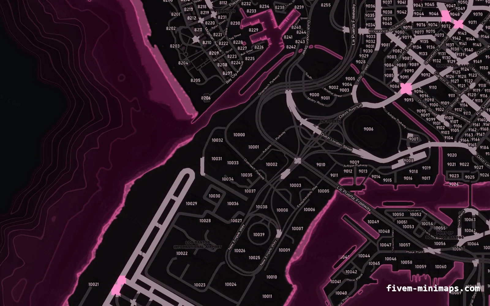 Pink MAGENTA FiveM minimap for GTA V — with postal codes — showing the harbour and industrial docks