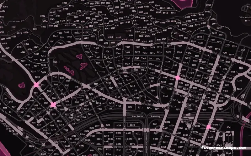 Pink MAGENTA FiveM minimap for GTA V — with postal codes — showing Los Santos street detail