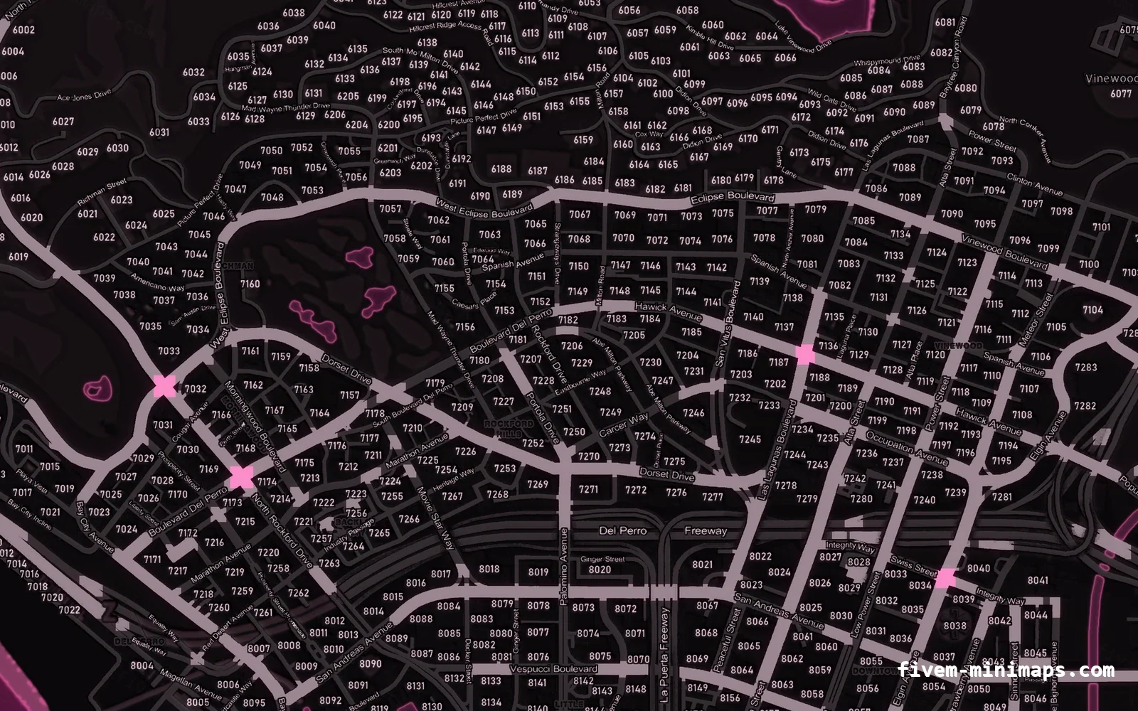 Pink minimap on the with postal codes base map