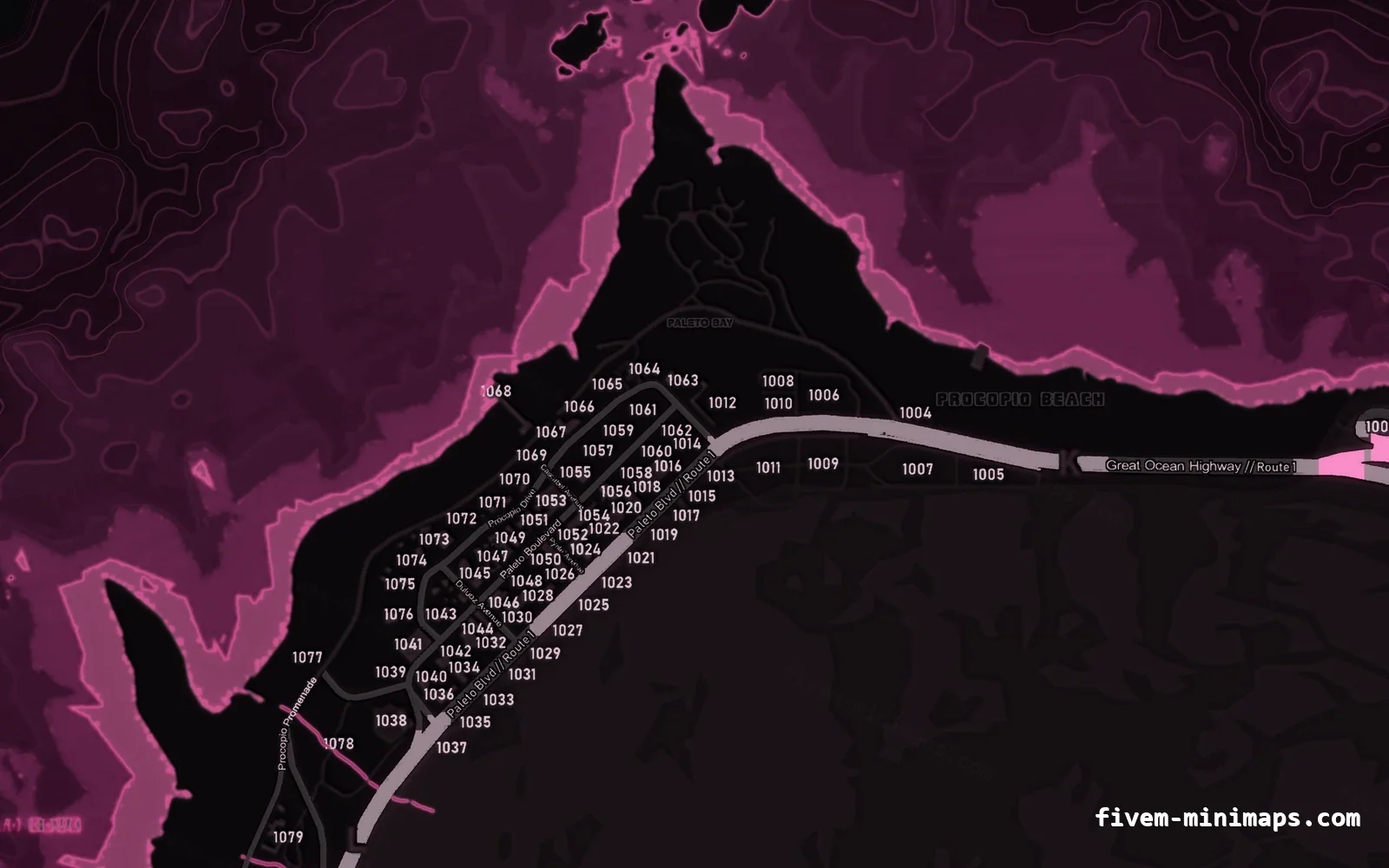 Pink MAGENTA FiveM minimap for GTA V — with postal codes — showing Paleto Bay and Mount Chiliad