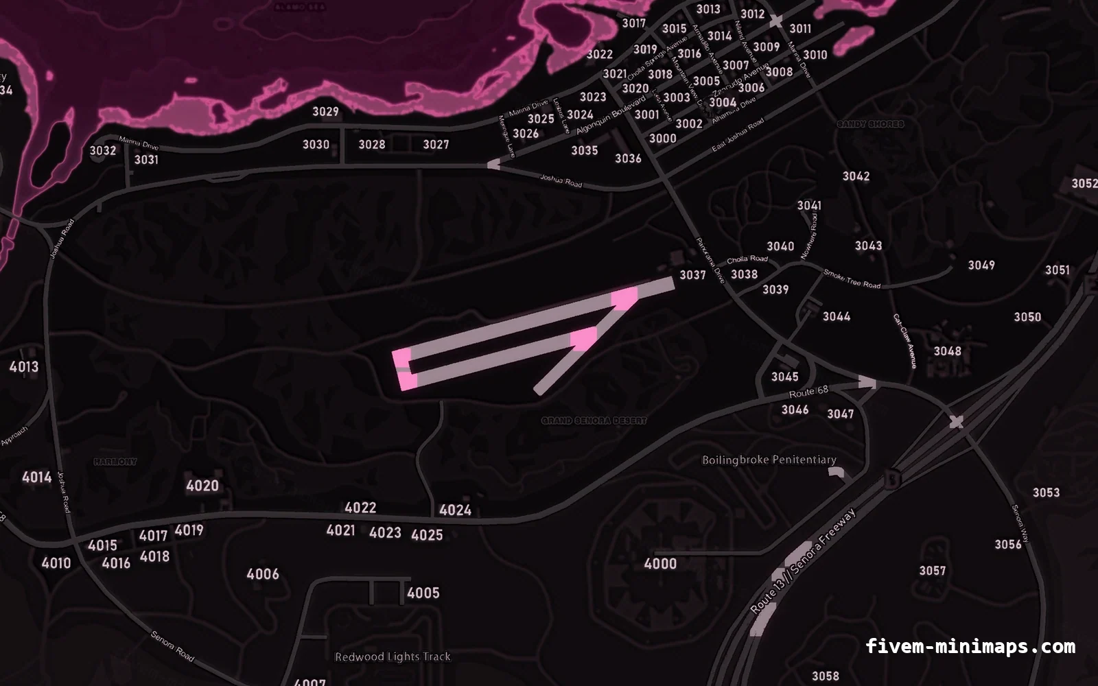 Pink MAGENTA FiveM minimap for GTA V — with postal codes — showing Sandy Shores and the desert