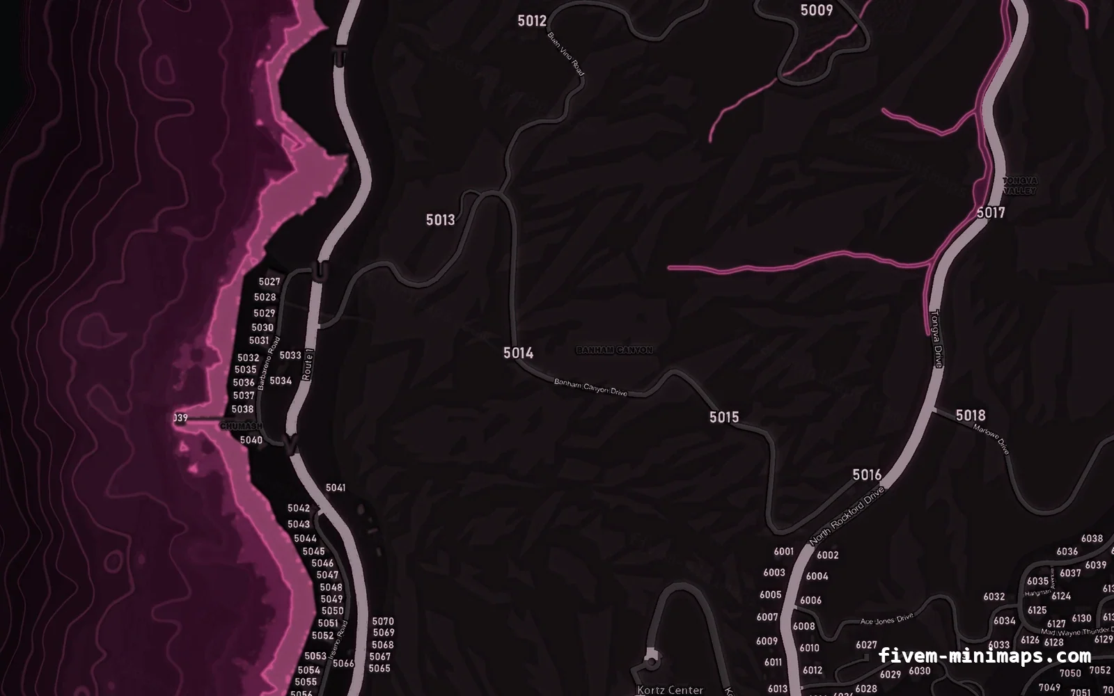Pink MAGENTA FiveM minimap for GTA V — with postal codes — showing the west coast and depth contours
