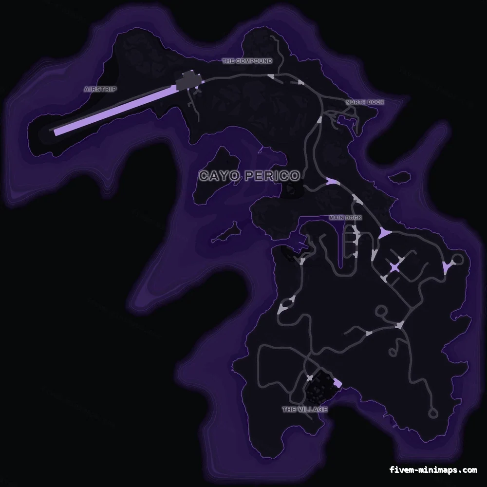 Purple VIOLET Cayo Perico FiveM-compatible minimap for GTA 5 — optional island add-on in the same palette, google style