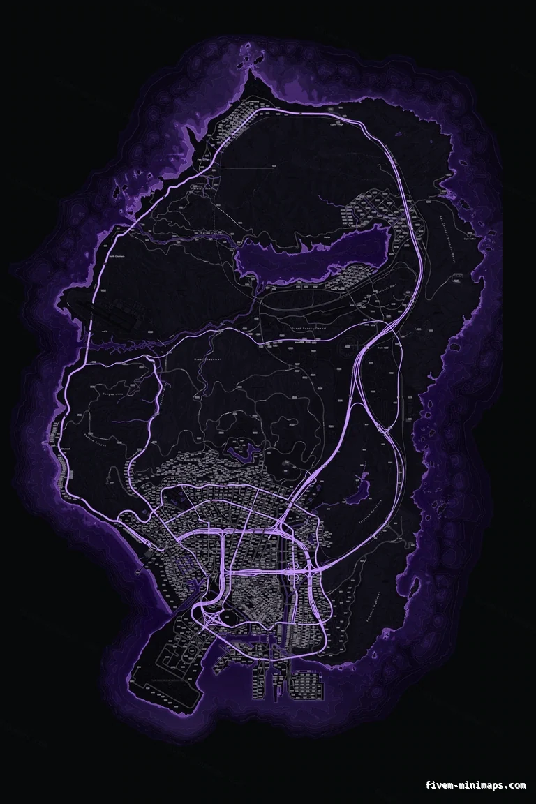 Purple VIOLET FiveM minimap for GTA V — google style — showing the whole San Andreas map