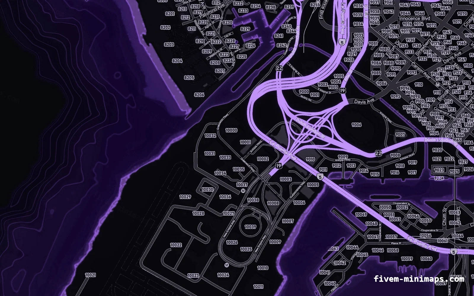 Purple VIOLET FiveM minimap for GTA V — google style — showing the harbour and industrial docks