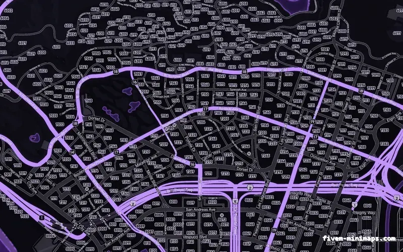 Purple VIOLET FiveM minimap in Google style, showing Los Santos street detail