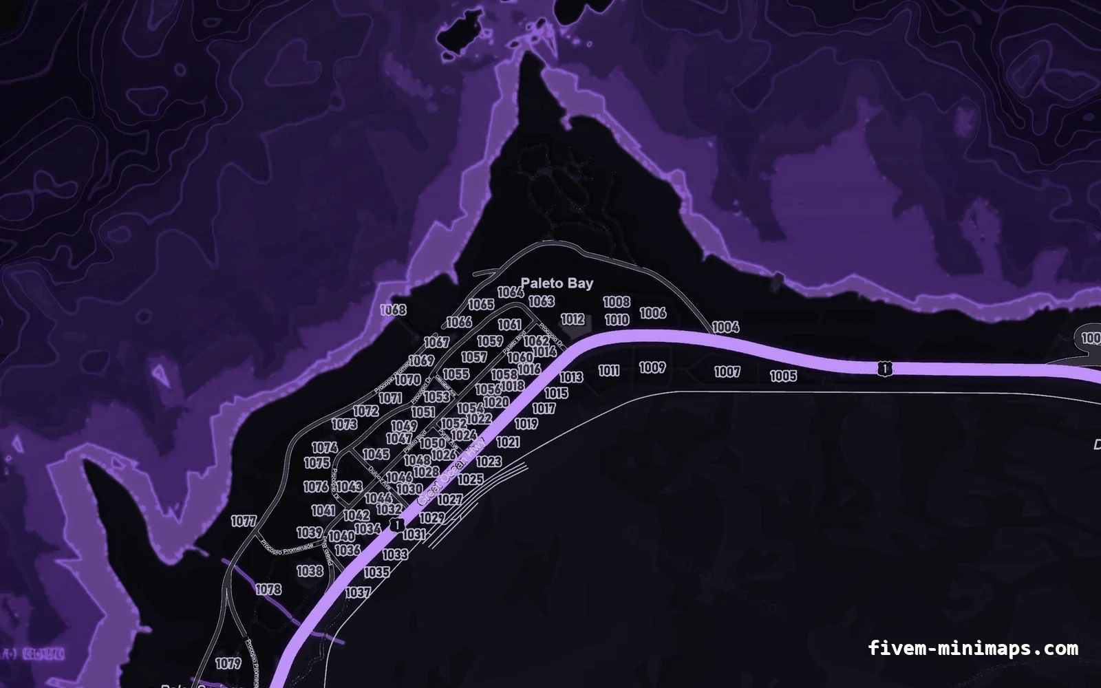 Purple VIOLET FiveM minimap for GTA V — google style — showing Paleto Bay and Mount Chiliad