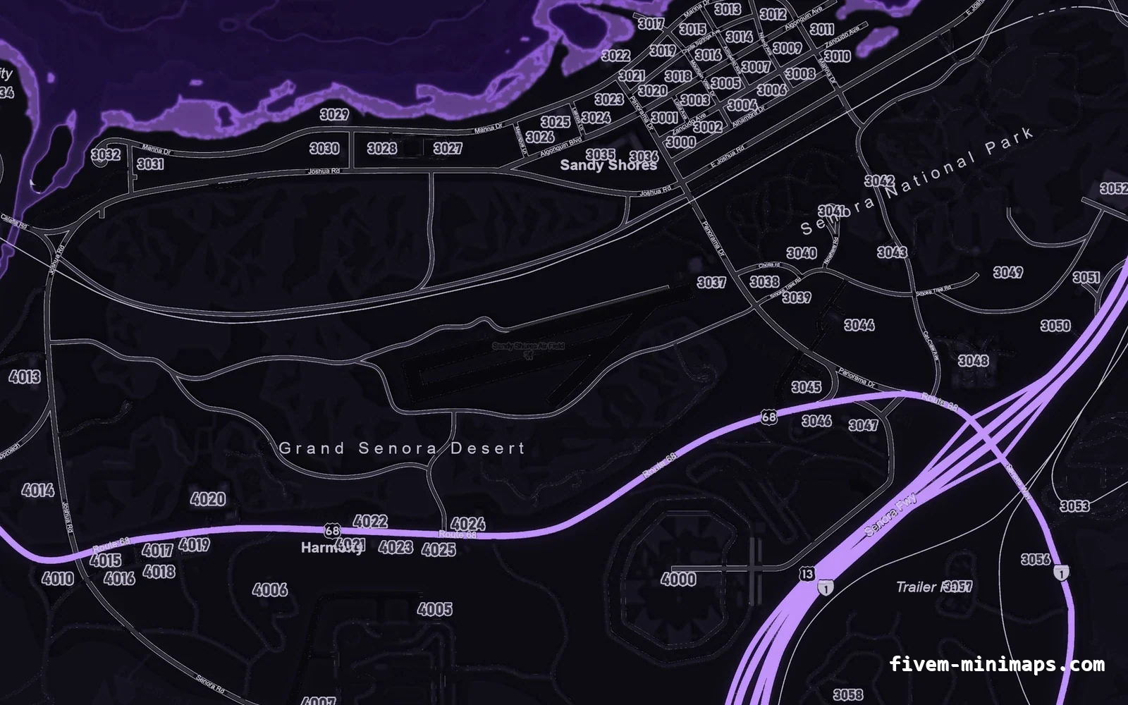 Purple VIOLET FiveM minimap for GTA V — google style — showing Sandy Shores and the desert