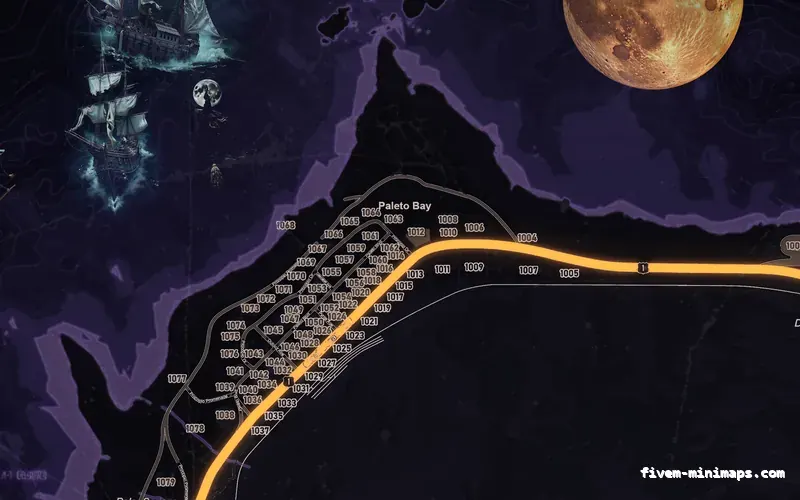 Halloween Purple HAUNTED VIOLET FiveM-compatible minimap for GTA 5 — google style — showing Paleto Bay and Mount Chiliad