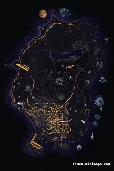 Halloween Purple HAUNTED VIOLET FiveM-compatible minimap for GTA 5 — with postal codes — showing the whole Los Santos and Blaine County map