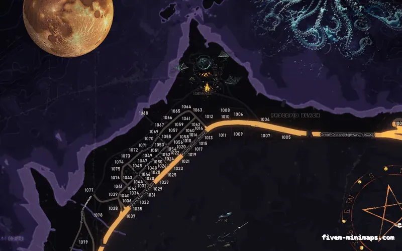 Halloween Purple HAUNTED VIOLET FiveM-compatible minimap for GTA 5 — with postal codes — showing Paleto Bay and Mount Chiliad
