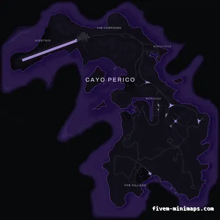 Purple VIOLET Cayo Perico FiveM-compatible minimap for GTA 5 — optional island add-on in the same palette, without postal codes