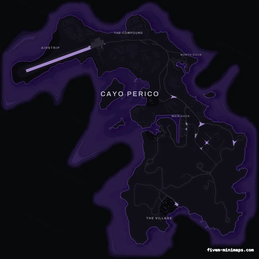 Purple VIOLET Cayo Perico FiveM-compatible minimap for GTA 5 — optional island add-on in the same palette, without postal codes