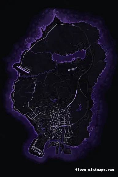 Purple VIOLET FiveM minimap for GTA V — without postal codes — showing the whole San Andreas map