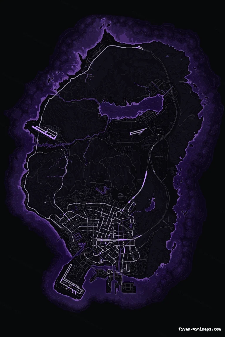 Purple VIOLET FiveM minimap for GTA V — without postal codes — showing the whole San Andreas map