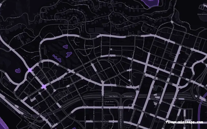Purple VIOLET FiveM minimap for GTA V — without postal codes — showing Los Santos street detail
