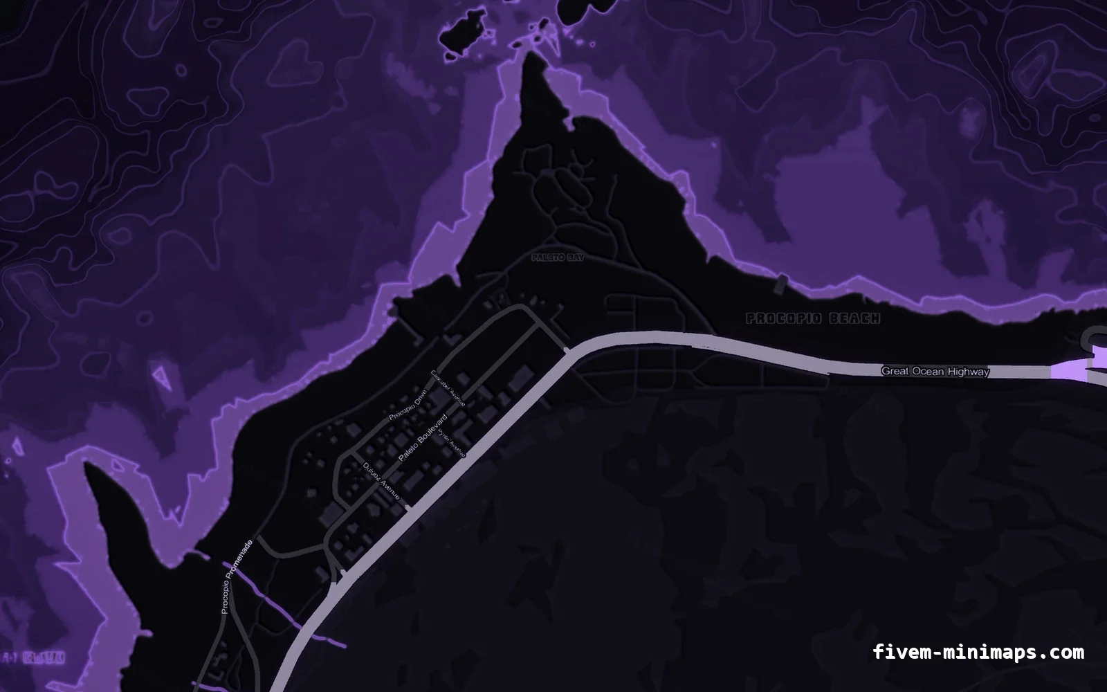 Purple VIOLET FiveM minimap for GTA V — without postal codes — showing Paleto Bay and Mount Chiliad