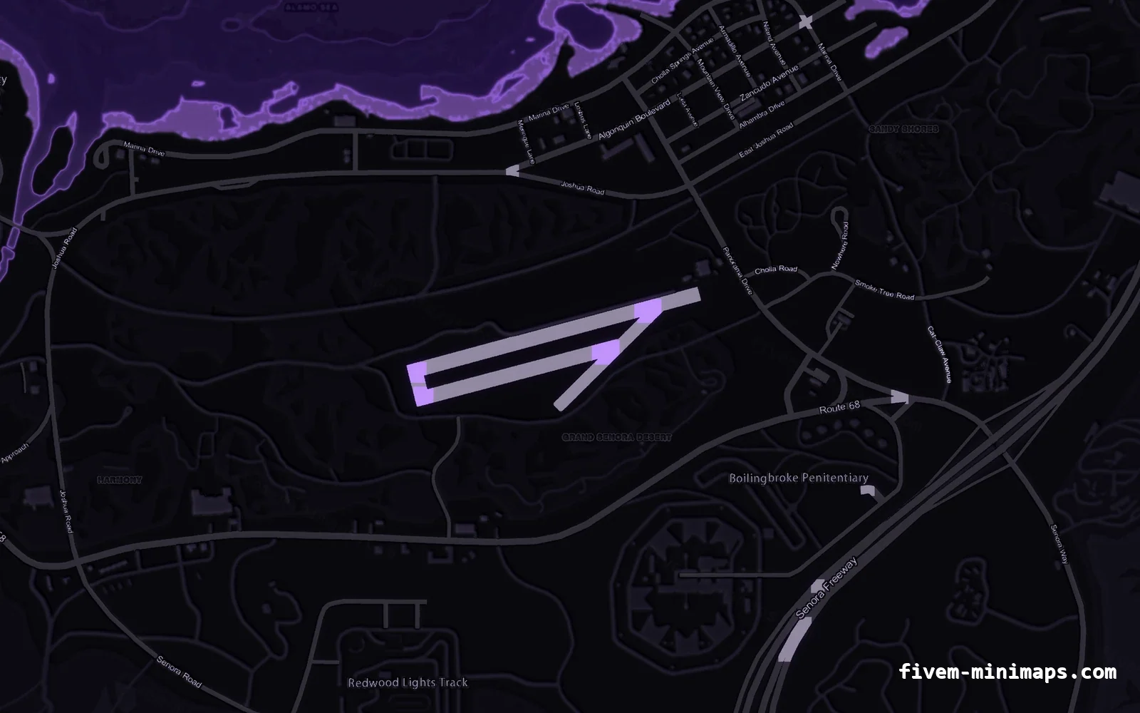 Purple VIOLET FiveM minimap for GTA V — without postal codes — showing Sandy Shores and the desert