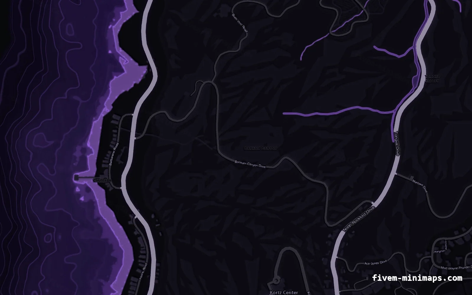 Purple VIOLET FiveM minimap for GTA V — without postal codes — showing the west coast and depth contours